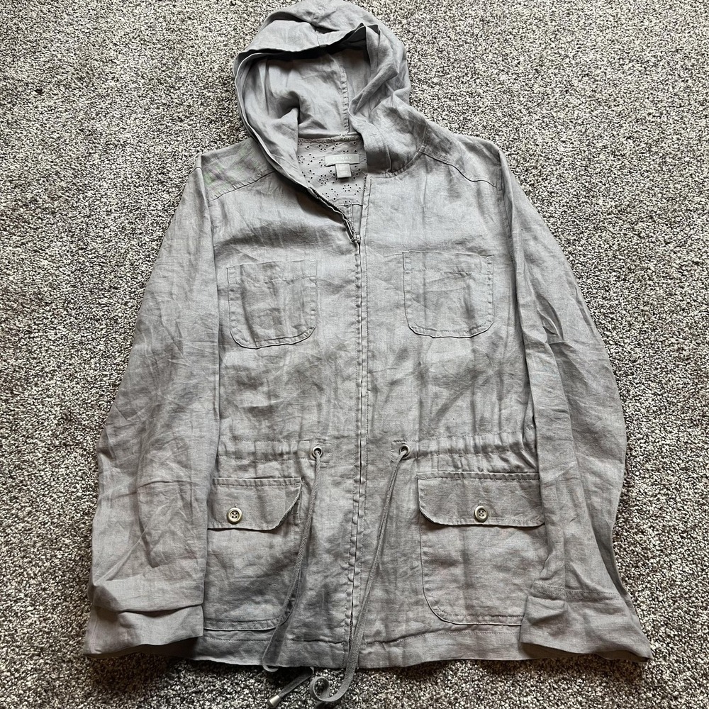 Kenar Jacket Womens Medium Gray 100% Linen Hooded Zip Front Utility Anorak light